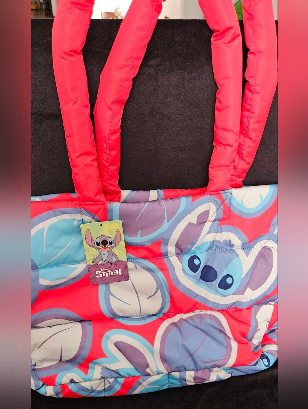 Disney stitch Tote Bright Orange Puffer Tote with Blue and White Leaf Print